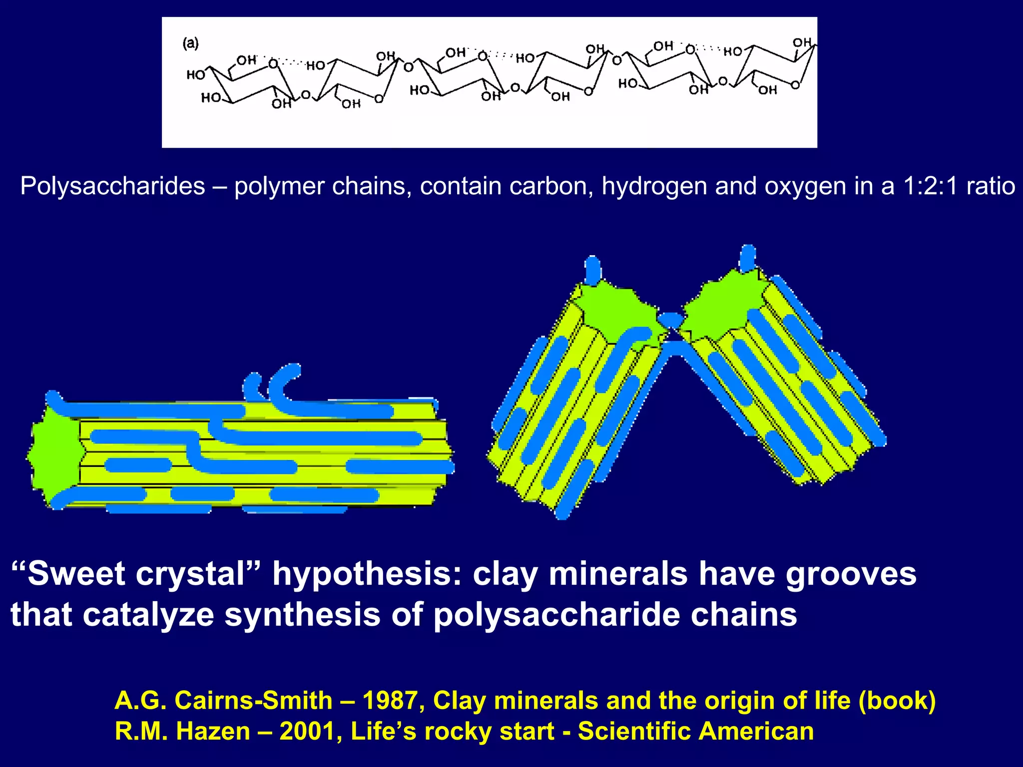 “ Sweet crystal” hypothesis: clay minerals have grooves that catalyze synthesis of polysaccharide chains Polysaccharides – polymer chains, contain carbon, hydrogen and oxygen in a 1:2:1 ratio A.G. Cairns-Smith – 1987, Clay minerals and the origin of life (book) R.M. Hazen – 2001, Life’s rocky start - Scientific American 