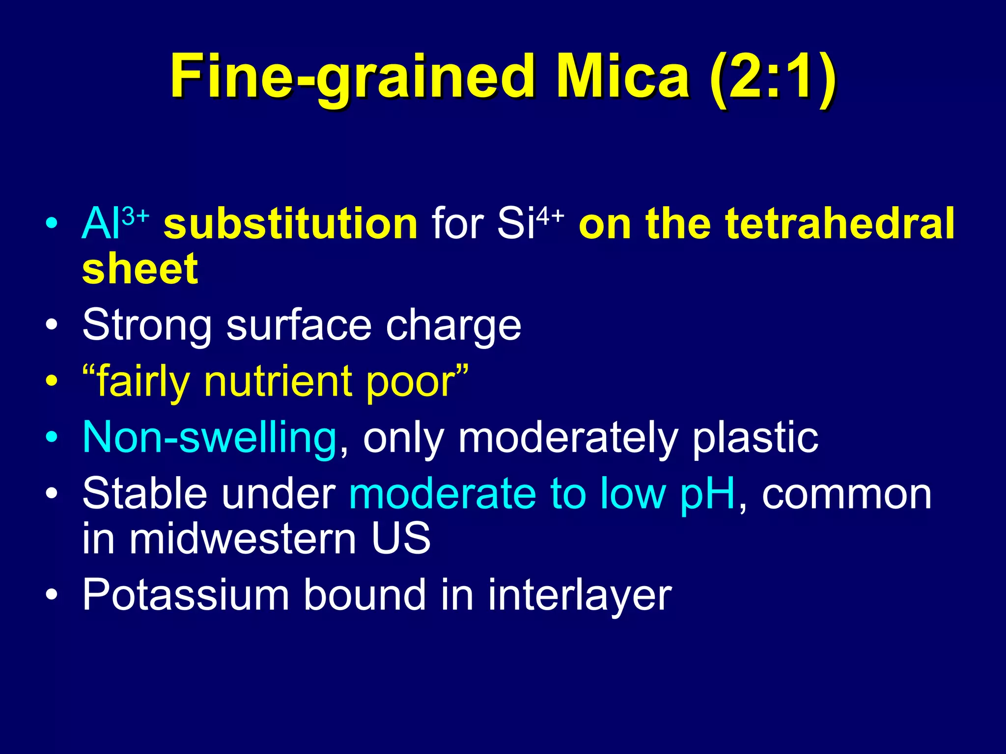 Fine-grained Mica (2:1) Al 3+   substitution   for Si 4+   on the tetrahedral sheet Strong surface charge “ fairly nutrient poor” Non-swelling , only moderately plastic Stable under  moderate to low pH , common in midwestern US Potassium bound in interlayer 