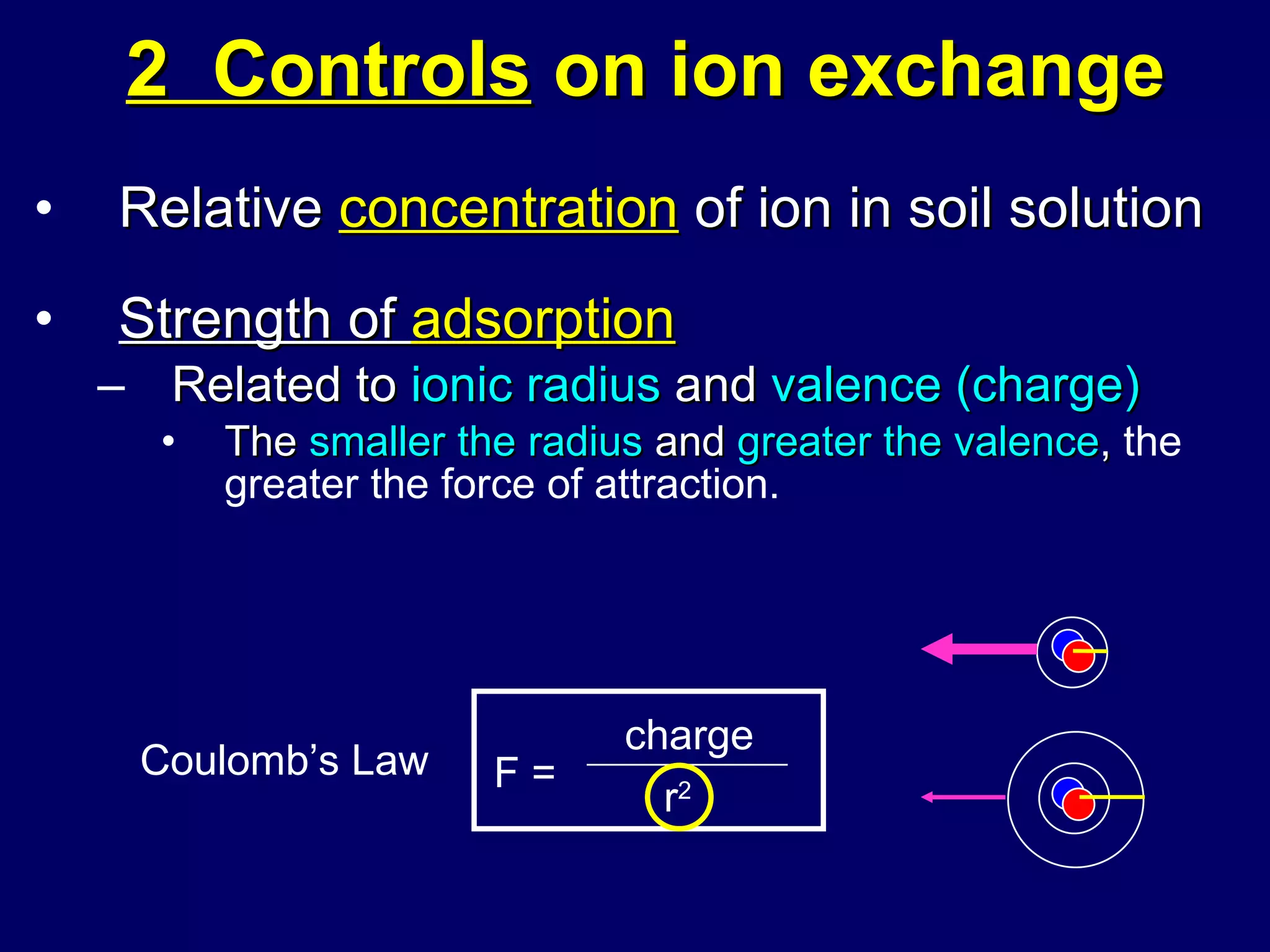2  Controls  on ion exchange Relative  concentration  of ion in soil solution Strength of  adsorption   Related to  ionic   radius  and  valence (charge) The  smaller the radius  and  greater the valence ,  the greater the force of attraction.  r 2  charge F = Coulomb’s Law 