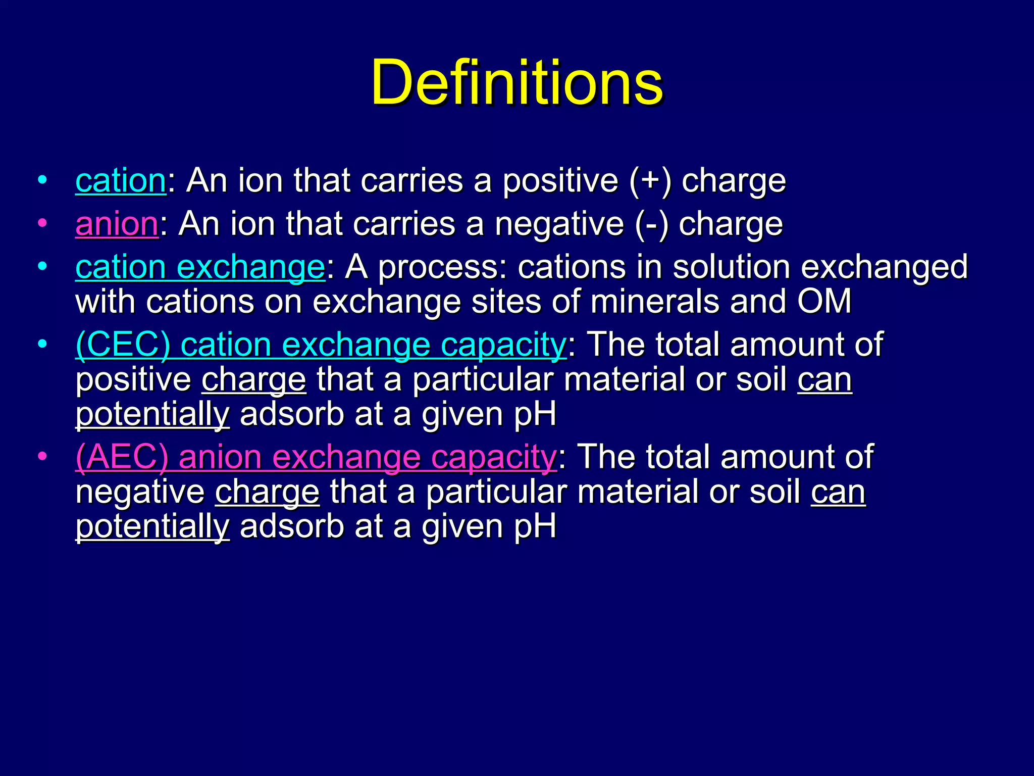 Definitions cation : An ion that carries a positive (+) charge anion : An ion that carries a negative (-) charge cation exchange : A process: cations in solution exchanged with cations on exchange sites of minerals and OM (CEC) cation exchange capacity : The total amount of positive  charge  that a particular material or soil  can potentially  adsorb at a given pH (AEC) anion exchange capacity : The total amount of negative  charge  that a particular material or soil  can potentially  adsorb at a given pH 