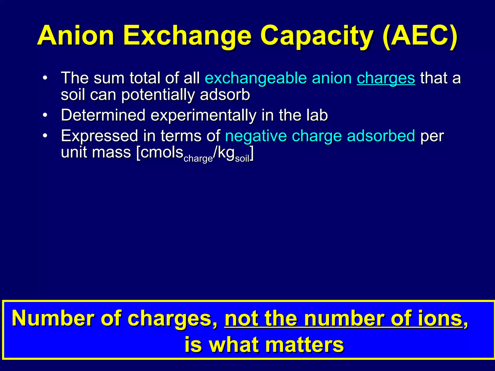 Anion Exchange Capacity (AEC) The sum total of all  exchangeable anion  charges  that a soil can potentially adsorb  Determined experimentally in the lab Expressed in terms of  negative charge adsorbed  per unit mass [cmols charge /kg soil ] Number of charges,  not the number of ions ,  is what matters 
