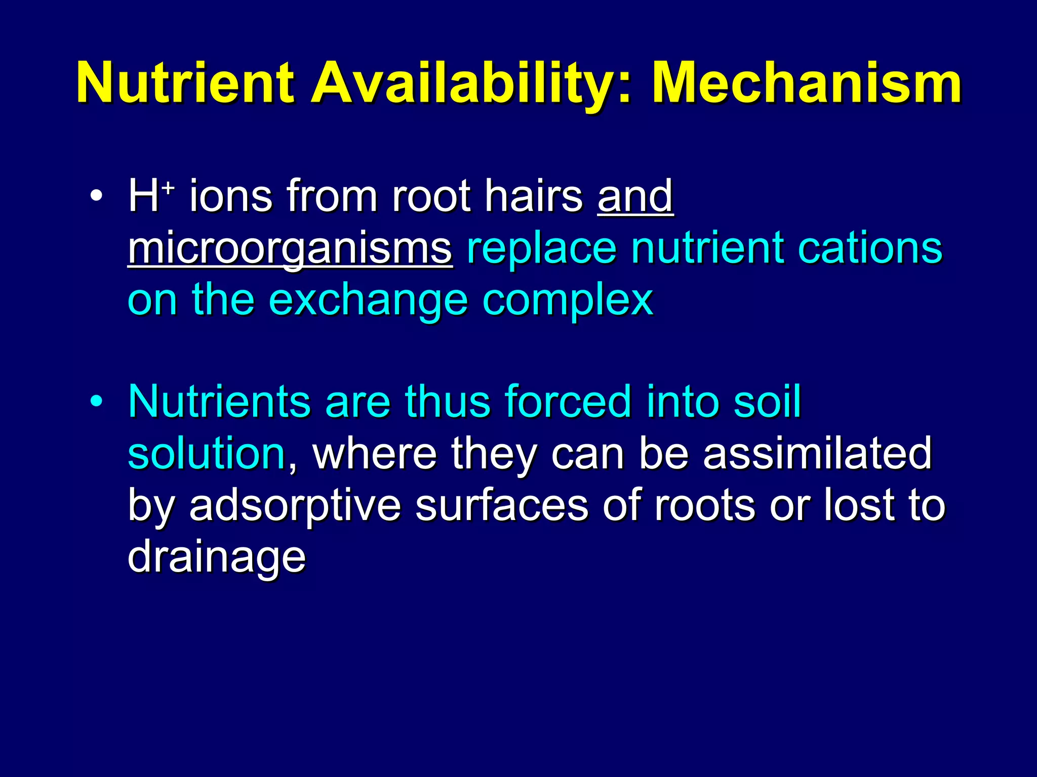 Nutrient Availability: Mechanism H +  ions from root hairs  and microorganisms   replace nutrient cations on the exchange complex Nutrients are thus forced into soil solution , where they can be assimilated by adsorptive surfaces of roots or lost to drainage 