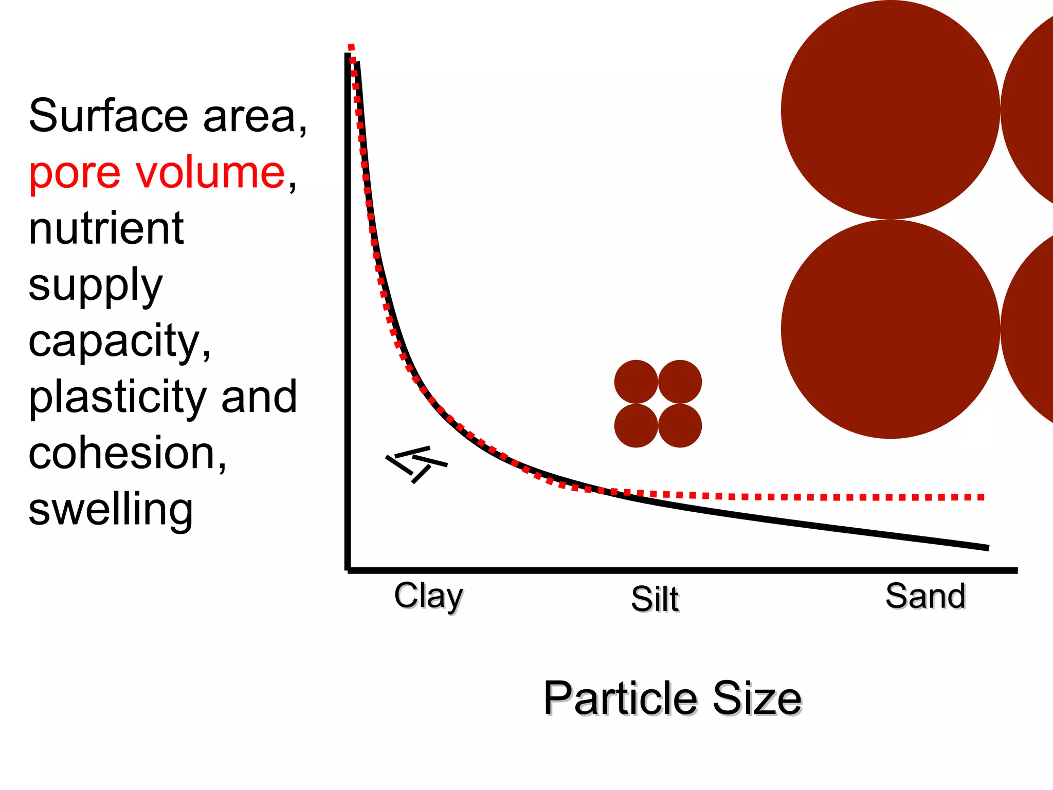 Surface area,  pore   volume , nutrient supply capacity, plasticity and cohesion, swelling Particle Size Clay Silt Sand 