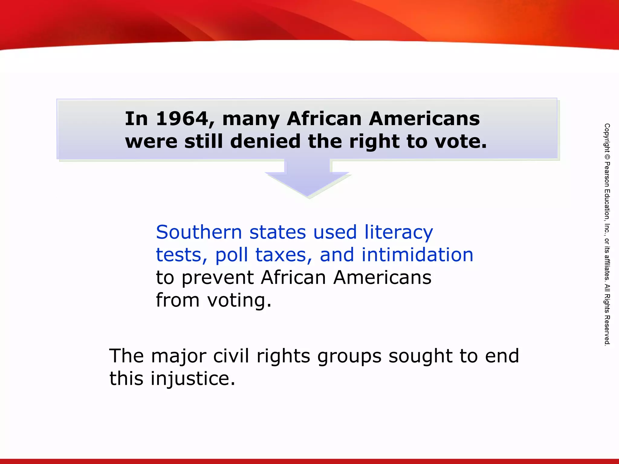 TEKS 8C: Calculate percent composition and empirical and molecular formulas.
In 1964, many African Americans
were still denied the right to vote.
Southern states used literacy
tests, poll taxes, and intimidation
to prevent African Americans
from voting.
The major civil rights groups sought to end
this injustice.
 