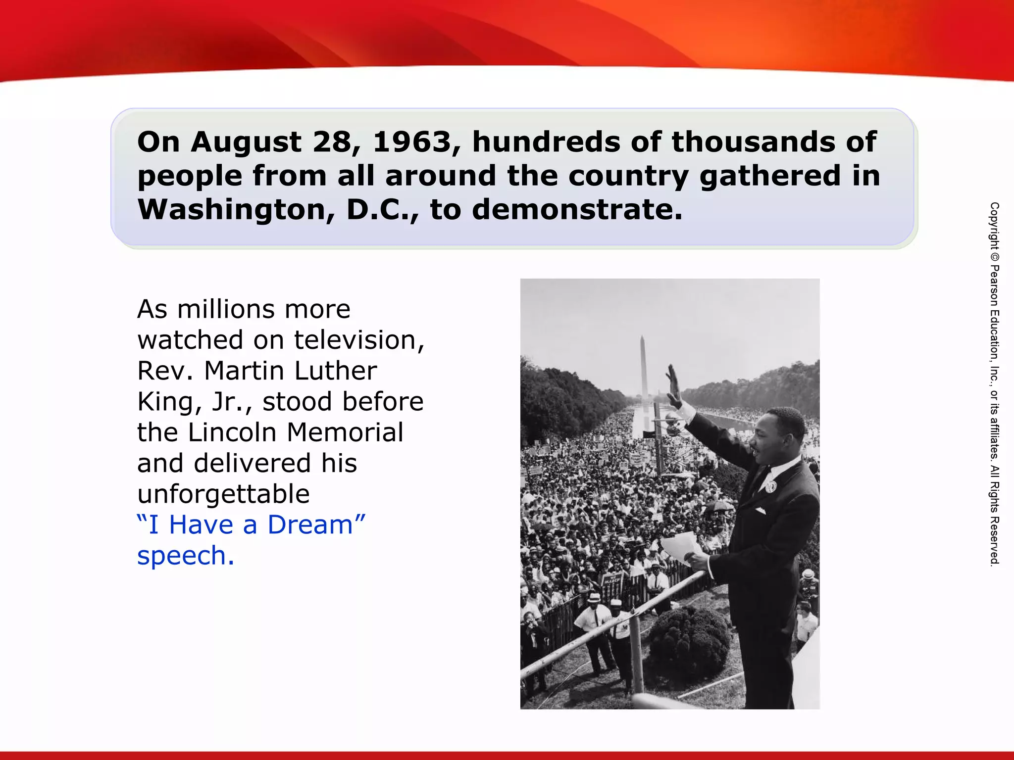 TEKS 8C: Calculate percent composition and empirical and molecular formulas.
On August 28, 1963, hundreds of thousands of
people from all around the country gathered in
Washington, D.C., to demonstrate.
As millions more
watched on television,
Rev. Martin Luther
King, Jr., stood before
the Lincoln Memorial
and delivered his
unforgettable
“I Have a Dream”
speech.
 