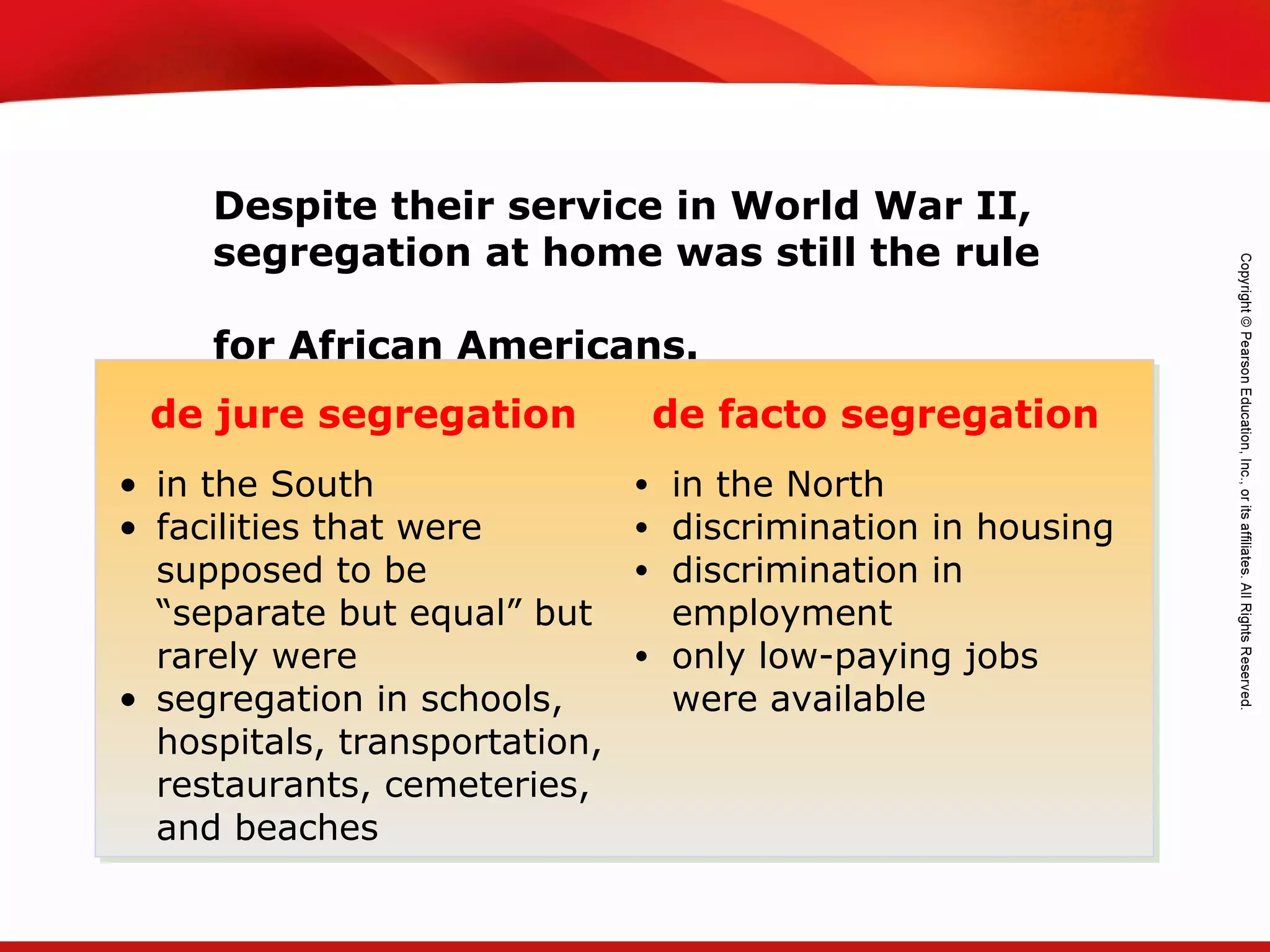 TEKS 8C: Calculate percent composition and empirical and molecular formulas.
Despite their service in World War II,
segregation at home was still the rule
for African Americans.
de jure segregation de facto segregation
• in the South
• facilities that were
supposed to be
“separate but equal” but
rarely were
• segregation in schools,
hospitals, transportation,
restaurants, cemeteries,
and beaches
• in the North
• discrimination in housing
• discrimination in
employment
• only low-paying jobs
were available
 