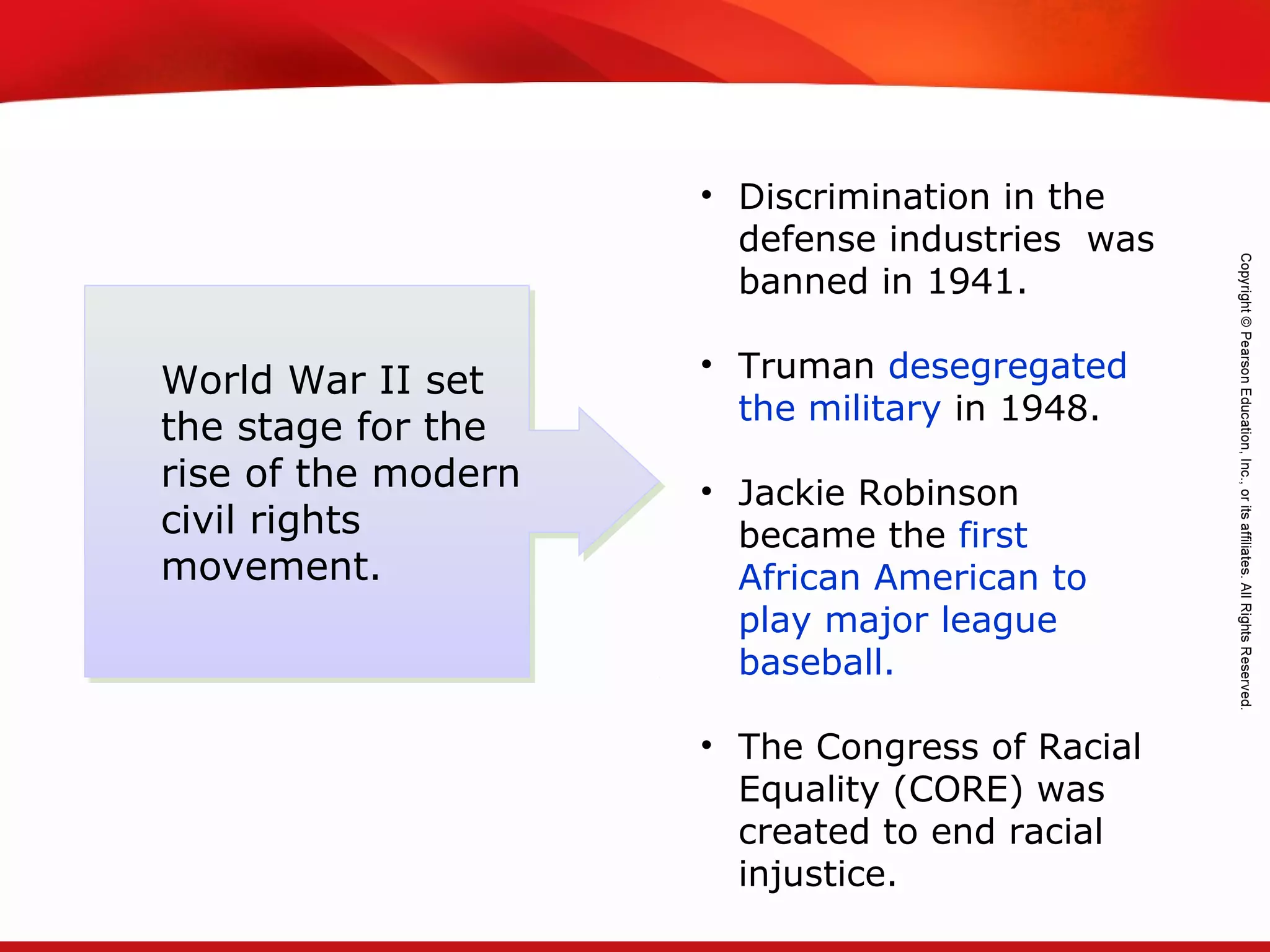 TEKS 8C: Calculate percent composition and empirical and molecular formulas.
• Discrimination in the
defense industries was
banned in 1941.
• Truman desegregated
the military in 1948.
• Jackie Robinson
became the first
African American to
play major league
baseball.
• The Congress of Racial
Equality (CORE) was
created to end racial
injustice.
World War II set
the stage for the
rise of the modern
civil rights
movement.
 