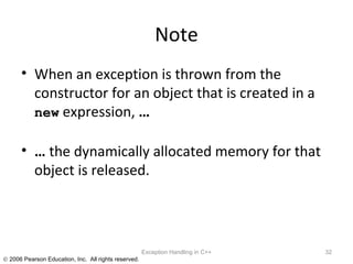 Note When an exception is thrown from the constructor for an object that is created in a  new  expression,  … …   the dynamically allocated memory for that object is released. Exception Handling in C++ 