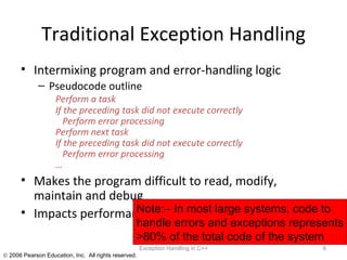 Traditional Exception Handling Intermixing program and error-handling logic Pseudocode outline Perform a task If the preceding task did not execute correctly   Perform error processing Perform next task If the preceding task did not execute correctly   Perform error processing … Makes the program difficult to read, modify, maintain and debug Impacts performance Exception Handling in C++ Note:– In most large systems, code to  handle errors and exceptions represents >80% of the total code of the system 
