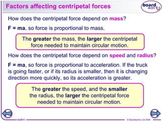 9 of 9 © Boardworks Ltd 20099 of 10 © Boardworks Ltd 2009
Factors affecting centripetal forces
How does the centripetal force depend on mass?
F = ma, so force is proportional to acceleration. If the truck
is going faster, or if its radius is smaller, then it is changing
direction more quickly, so its acceleration is greater.
How does the centripetal force depend on speed and radius?
F = ma, so force is proportional to mass.
The greater the mass, the larger the centripetal
force needed to maintain circular motion.
The greater the speed, and the smaller
the radius, the larger the centripetal force
needed to maintain circular motion.
 
