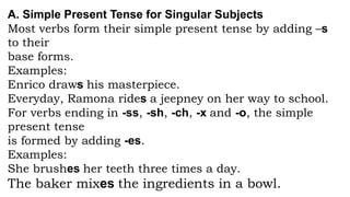 A. Simple Present Tense for Singular Subjects
Most verbs form their simple present tense by adding –s
to their
base forms.
Examples:
Enrico draws his masterpiece.
Everyday, Ramona rides a jeepney on her way to school.
For verbs ending in -ss, -sh, -ch, -x and -o, the simple
present tense
is formed by adding -es.
Examples:
She brushes her teeth three times a day.
The baker mixes the ingredients in a bowl.
 
