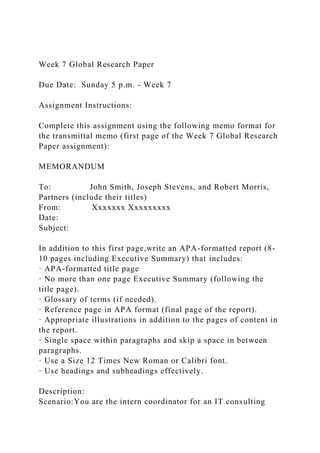 Week 7 Global Research Paper
Due Date: Sunday 5 p.m. - Week 7
Assignment Instructions:
Complete this assignment using the following memo format for
the transmittal memo (first page of the Week 7 Global Research
Paper assignment):
MEMORANDUM
To: John Smith, Joseph Stevens, and Robert Morris,
Partners (include their titles)
From: Xxxxxxx Xxxxxxxxx
Date:
Subject:
In addition to this first page,write an APA-formatted report (8-
10 pages including Executive Summary) that includes:
· APA-formatted title page
· No more than one page Executive Summary (following the
title page).
· Glossary of terms (if needed).
· Reference page in APA format (final page of the report).
· Appropriate illustrations in addition to the pages of content in
the report.
· Single space within paragraphs and skip a space in between
paragraphs.
· Use a Size 12 Times New Roman or Calibri font.
· Use headings and subheadings effectively.
Description:
Scenario:You are the intern coordinator for an IT consulting
 