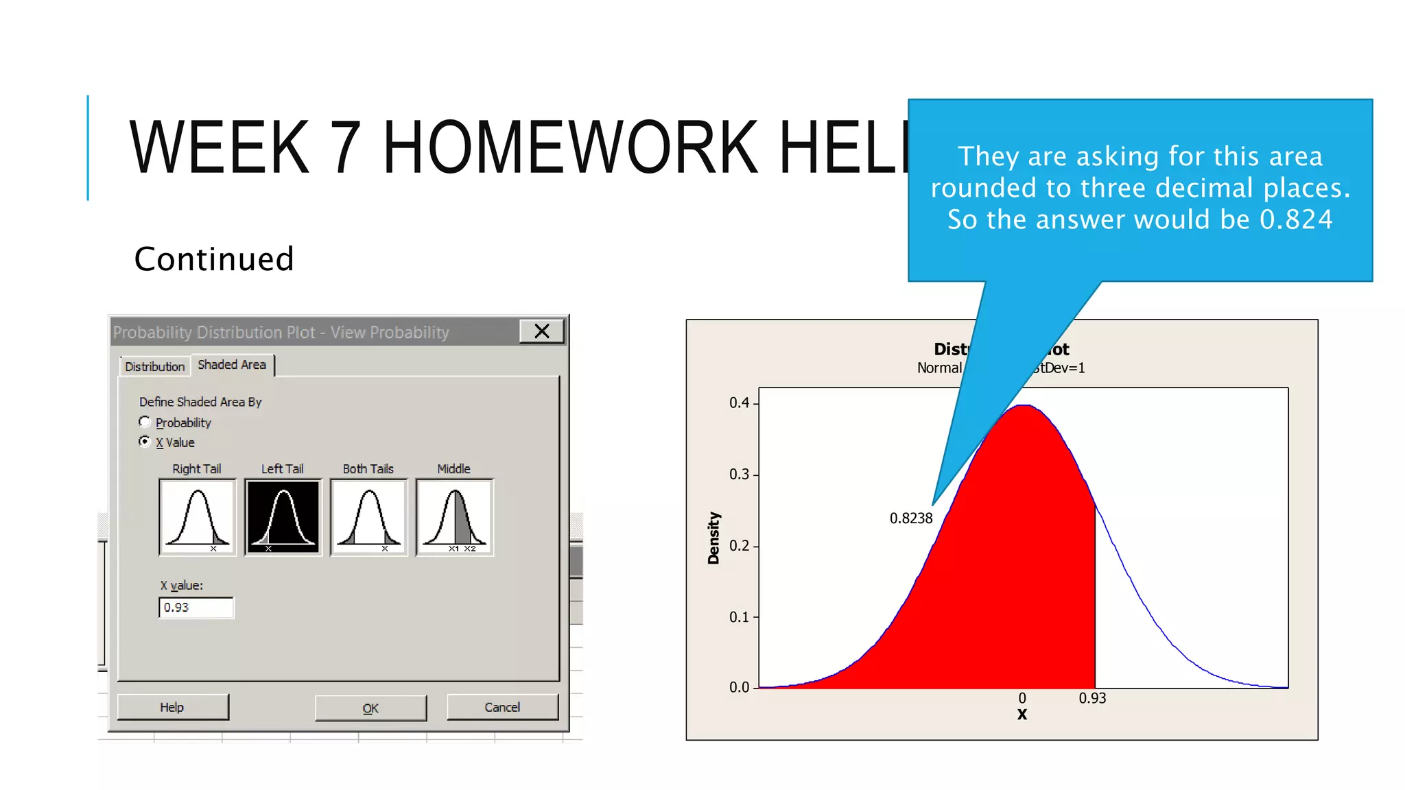WEEK 7 HOMEWORK HELP (MORE)
Continued
0.4
0.3
0.2
0.1
0.0
XDensity
0.93
0.8238
0
Distribution Plot
Normal, Mean=0, StDev=1
They are asking for this area
rounded to three decimal places.
So the answer would be 0.824
 