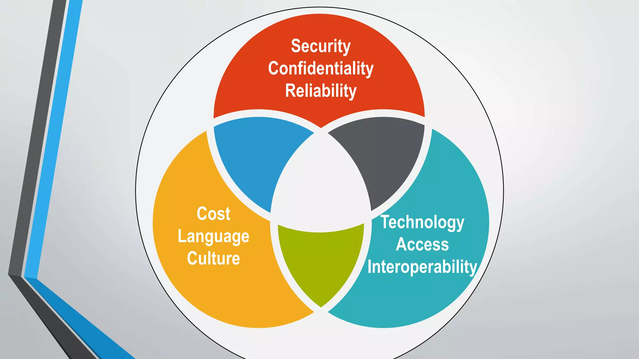 Security
Confidentiality
Reliability
Technology
Access
Interoperability
Cost
Language
Culture
 