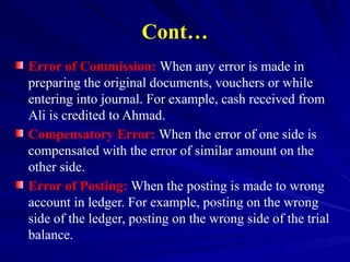 Cont…
Error of Commission: When any error is made in
preparing the original documents, vouchers or while
entering into journal. For example, cash received from
Ali is credited to Ahmad.
Compensatory Error: When the error of one side is
compensated with the error of similar amount on the
other side.
Error of Posting: When the posting is made to wrong
account in ledger. For example, posting on the wrong
side of the ledger, posting on the wrong side of the trial
balance.
 