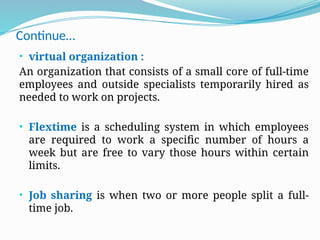 Continue…
• virtual organization :
An organization that consists of a small core of full-time
employees and outside specialists temporarily hired as
needed to work on projects.
• Flextime is a scheduling system in which employees
are required to work a specific number of hours a
week but are free to vary those hours within certain
limits.
• Job sharing is when two or more people split a full-
time job.
 