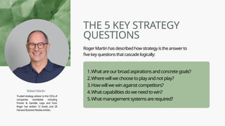 THE 5 KEY STRATEGY
QUESTIONS
RobertMartin
Trusted strategy advisor to the CEOs of
companies worldwide including
Procter & Gamble, Lego and Ford.
Roger has written 12 books and 28
HarvardBusinessReviewarticles.
RogerMartinhasdescribedhowstrategyistheanswerto
fivekeyquestionsthatcascadelogically:
1.Whatareourbroadaspirationsandconcretegoals?
2.Wherewillwechoosetoplayandnotplay?
3.Howwillwewinagainstcompetitors?
4.Whatcapabilitiesdoweneedtowin?
5.Whatmanagementsystemsarerequired?
 