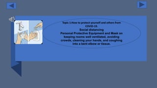 Topic 1:How to protect yourself and others from
COVID-19.
Social distancing
Personal Protective Equipment and Mask on
keeping rooms well ventilated, avoiding
crowds, cleaning your hands, and coughing
into a bent elbow or tissue.
 