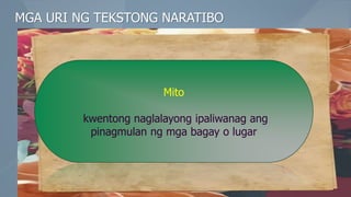 MGA URI NG TEKSTONG NARATIBO
Mito
kwentong naglalayong ipaliwanag ang
pinagmulan ng mga bagay o lugar
 