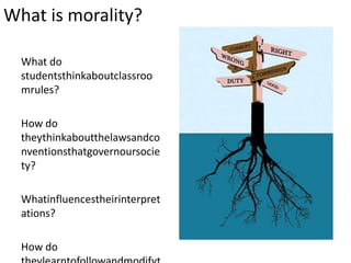 What is morality?

  What do
  studentsthinkaboutclassroo
  mrules?

  How do
  theythinkaboutthelawsandco
  nventionsthatgovernoursocie
  ty?

  Whatinfluencestheirinterpret
  ations?

  How do
 