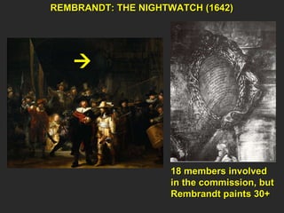 REMBRANDT: THE NIGHTWATCH (1642)  18 members involved  in the commission, but Rembrandt paints 30+ 