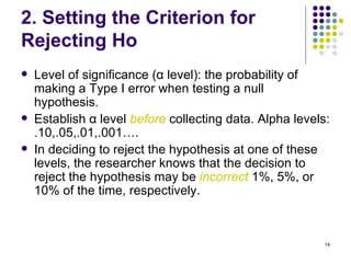 2. Setting the Criterion for
Rejecting Ho
   Level of significance (α level): the probability of
    making a Type I error when testing a null
    hypothesis.
   Establish α level before collecting data. Alpha levels:
    .10,.05,.01,.001….
   In deciding to reject the hypothesis at one of these
    levels, the researcher knows that the decision to
    reject the hypothesis may be incorrect 1%, 5%, or
    10% of the time, respectively.



                                                          14
 