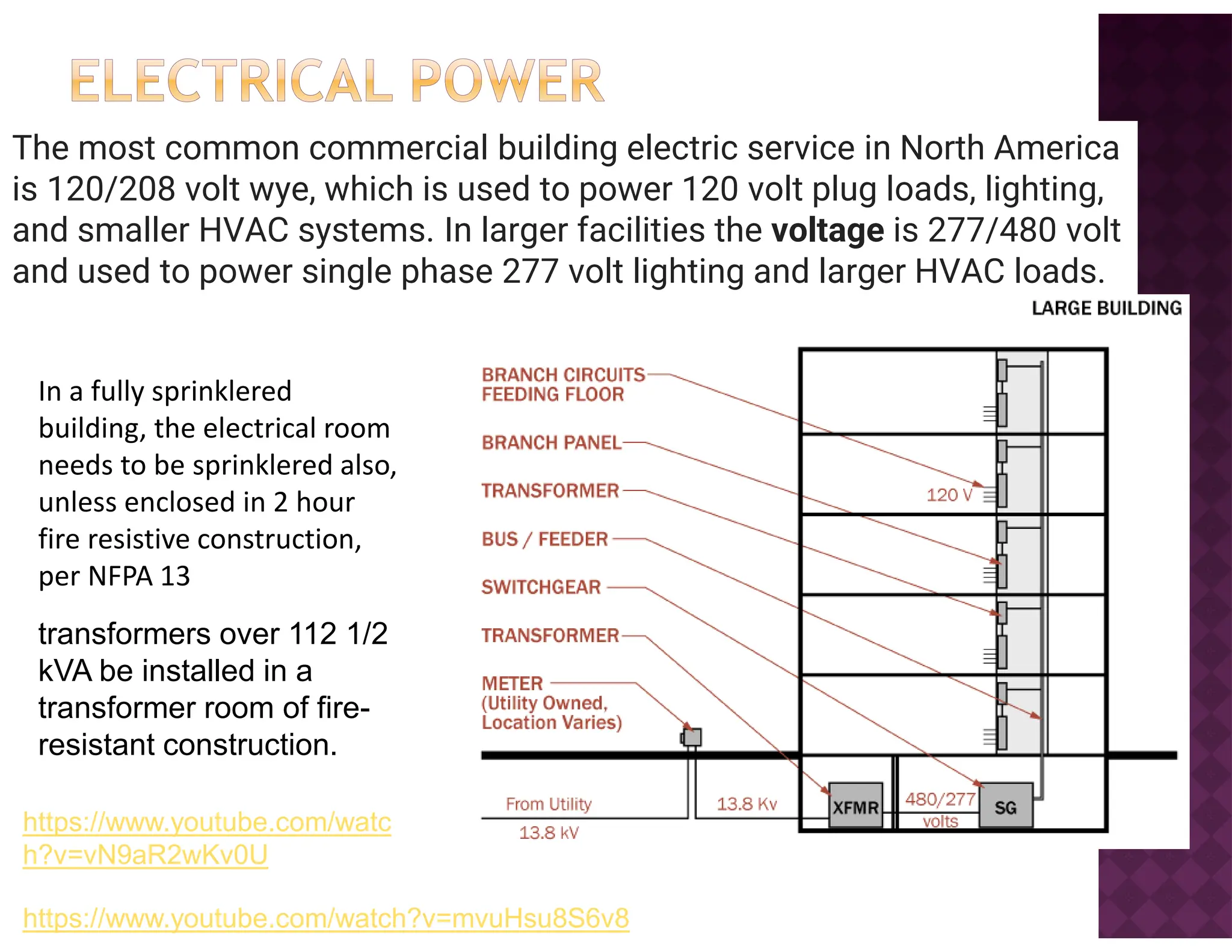 The most common commercial building electric service in North America
is 120/208 volt wye, which is used to power 120 volt plug loads, lighting,
and smaller HVAC systems. In larger facilities the voltage is 277/480 volt
and used to power single phase 277 volt lighting and larger HVAC loads.
In a fully sprinklered
building, the electrical room
needs to be sprinklered also,
unless enclosed in 2 hour
fire resistive construction,
per NFPA 13
transformers over 112 1/2
kVA be installed in a
transformer room of fire-
resistant construction.
https://www.youtube.com/watc
h?v=vN9aR2wKv0U
https://www.youtube.com/watch?v=mvuHsu8S6v8
 