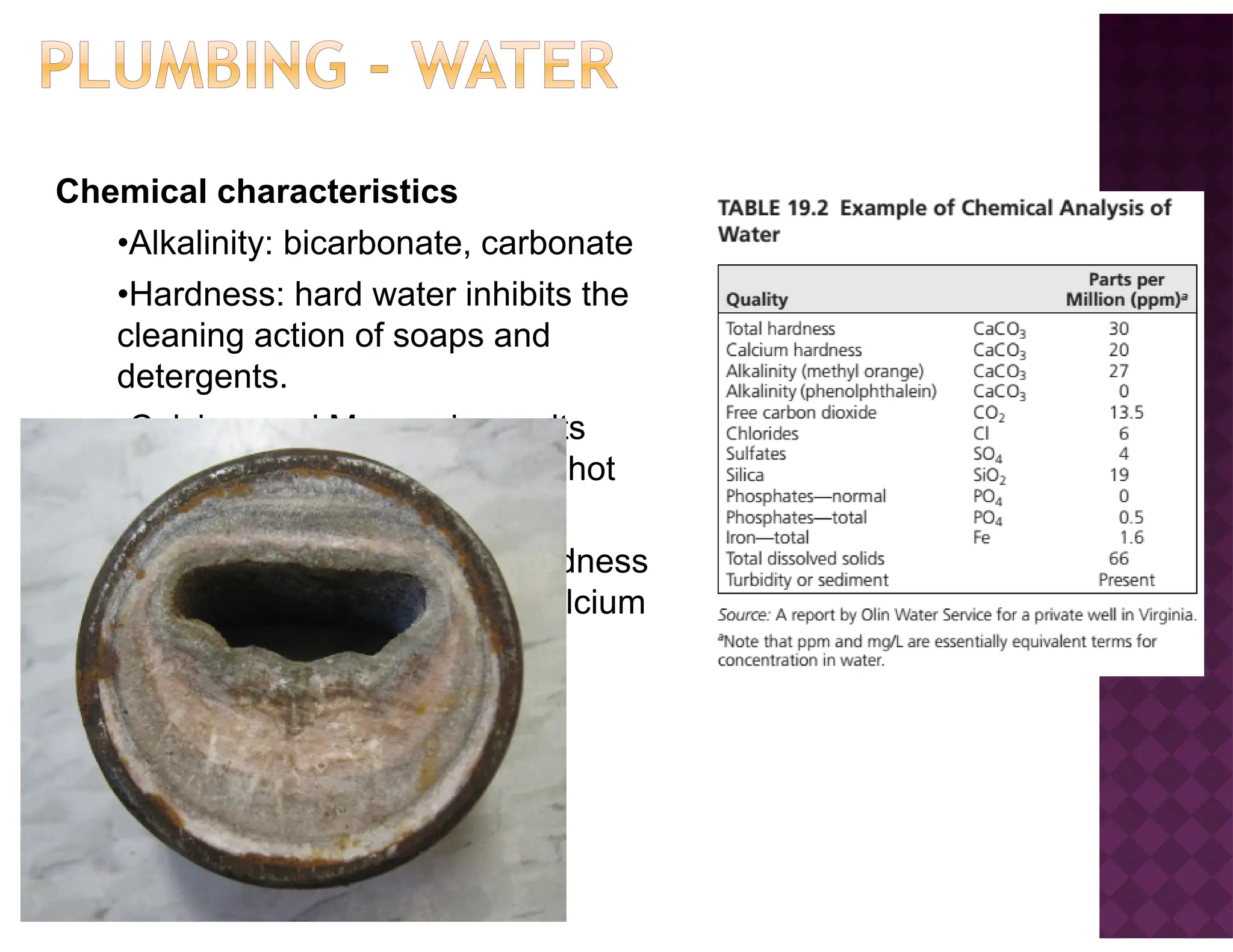 Chemical characteristics
•Alkalinity: bicarbonate, carbonate
•Hardness: hard water inhibits the
cleaning action of soaps and
detergents.
•Calcium and Magnesium salts
deposit scale on the inside of hot
water pipes and utensils.
•Water Softeners remove hardness
by exchanging Sodium for Calcium
and Magnesium
 