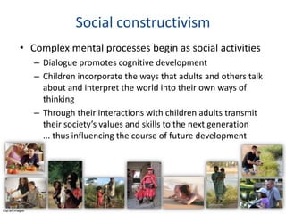Social constructivism
           • Complex mental processes begin as social activities
                  – Dialogue promotes cognitive development
                  – Children incorporate the ways that adults and others talk
                    about and interpret the world into their own ways of
                    thinking
                  – Through their interactions with children adults transmit
                    their society’s values and skills to the next generation
                    ... thus influencing the course of future development




Clip art images
 