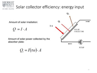Amount of solar irradiation:
Amount of solar power collected by the
absorber plate:
22
Solar collector efficiency: energy input
 