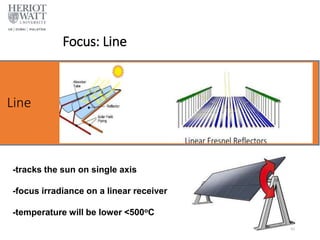 Focus: Line
Line
-tracks the sun on single axis
-focus irradiance on a linear receiver
-temperature will be lower <500oC
49
 
