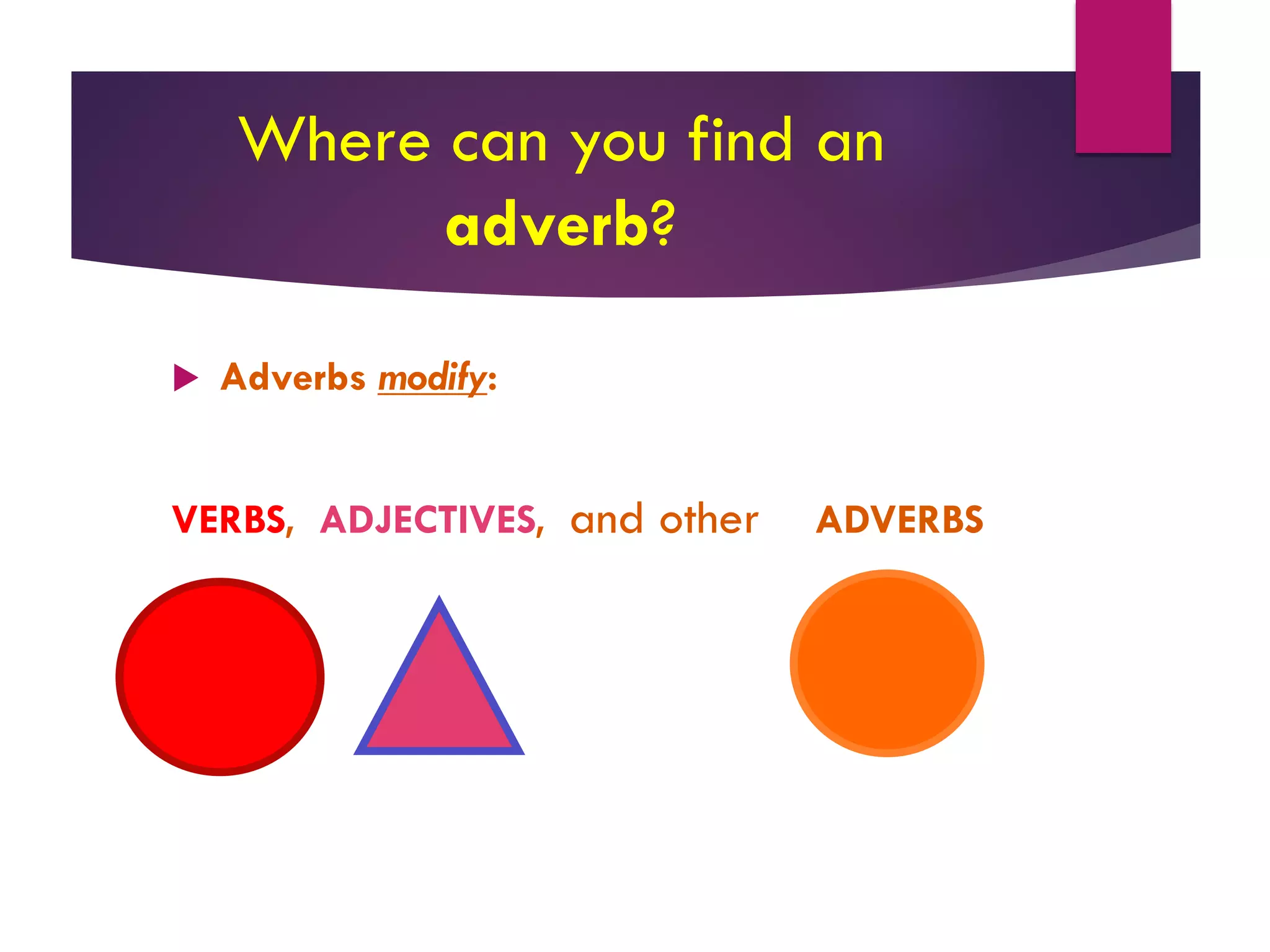 Where can you find an
adverb?
u Adverbs modify:
VERBS, ADJECTIVES, and other ADVERBS
 