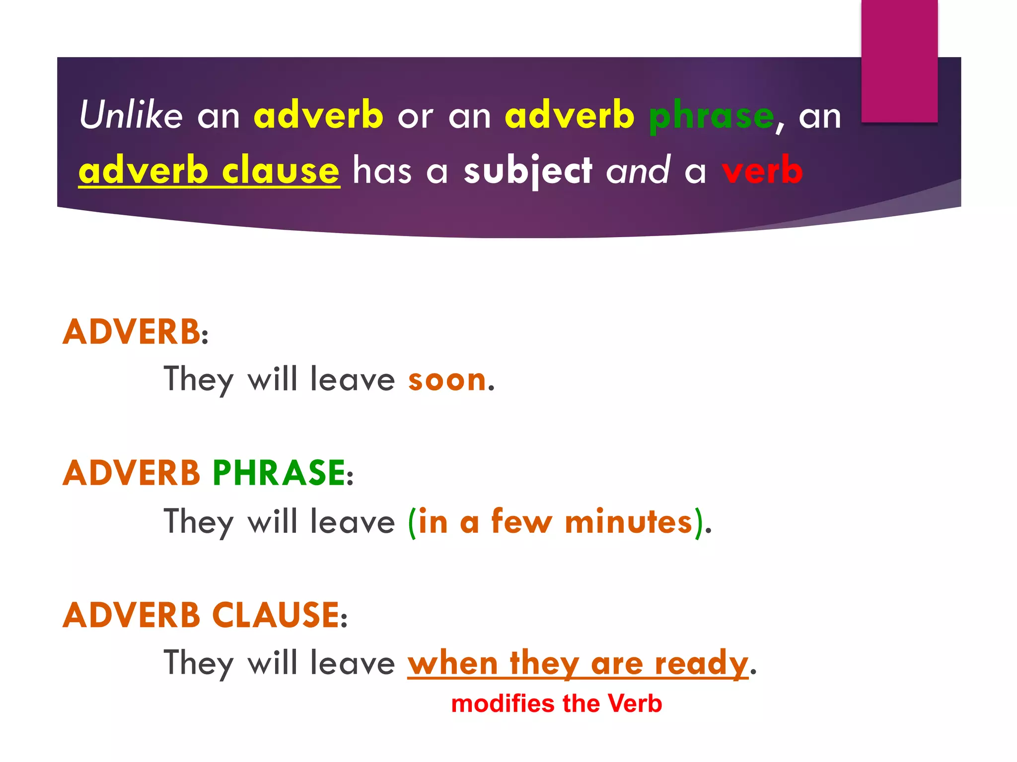 Unlike an adverb or an adverb phrase, an
adverb clause has a subject and a verb
ADVERB:
They will leave soon.
ADVERB PHRASE:
They will leave (in a few minutes).
ADVERB CLAUSE:
They will leave when they are ready.
S
modifies the Verb
 