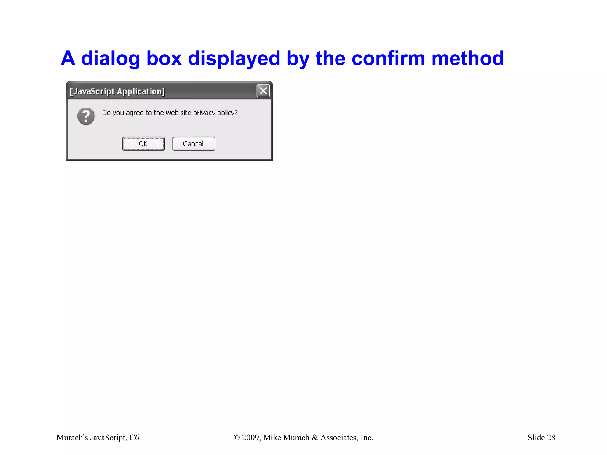 A dialog box displayed by the confirm method




Murach’s JavaScript, C6   © 2009, Mike Murach & Associates, Inc.   Slide 28
 