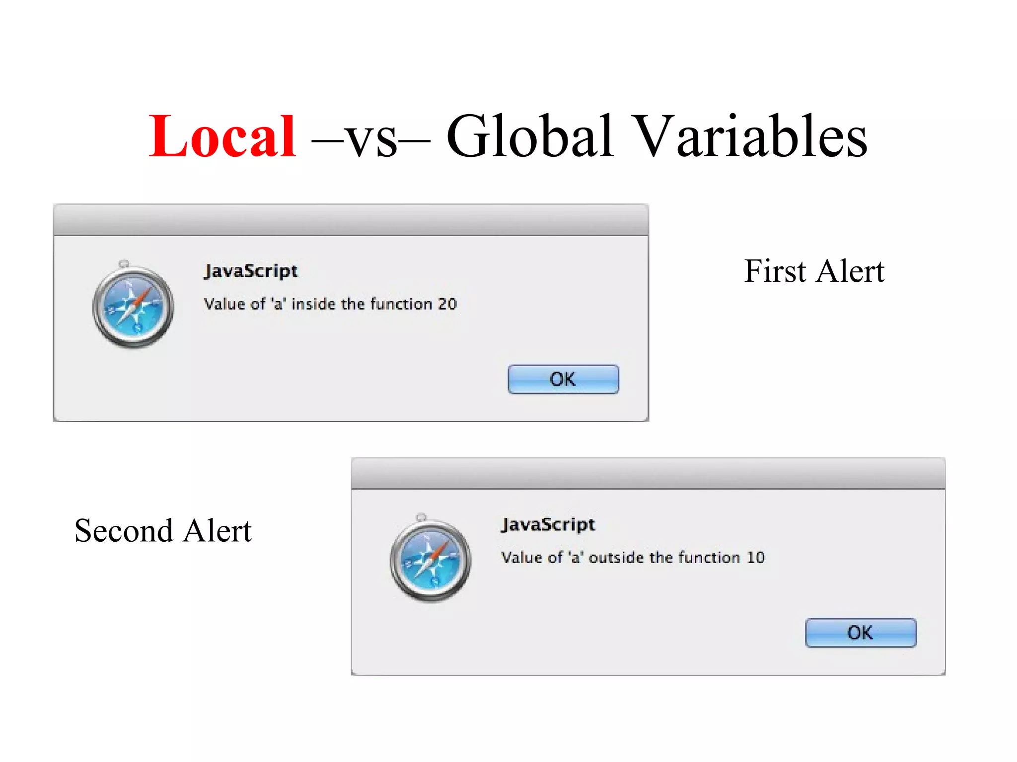 Local –vs– Global Variables

                          First Alert




Second Alert
 
