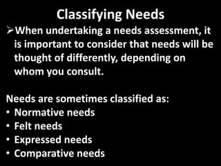 Classifying Needs
When undertaking a needs assessment, it
 is important to consider that needs will be
 thought of differently, depending on
 whom you consult.

Needs are sometimes classified as:
• Normative needs
• Felt needs
• Expressed needs
• Comparative needs
 