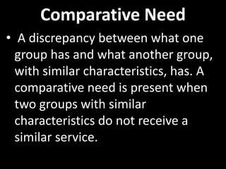 Comparative Need
• A discrepancy between what one
  group has and what another group,
  with similar characteristics, has. A
  comparative need is present when
  two groups with similar
  characteristics do not receive a
  similar service.
 