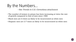  The number of women in prison has been increasing at twice the rate
of growth compared to that of men since 1980
 Black men are 6 times as likely to be incarcerated as white men
 Hispanic men are 2.7 times as likely to be incarcerated as white men
 