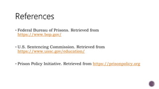  Federal Bureau of Prisons. Retrieved from
https://www.bop.gov/
 U.S. Sentencing Commission. Retrieved from
https://www.ussc.gov/education/
 Prison Policy Initiative. Retrieved from https://prisonpolicy.org
 