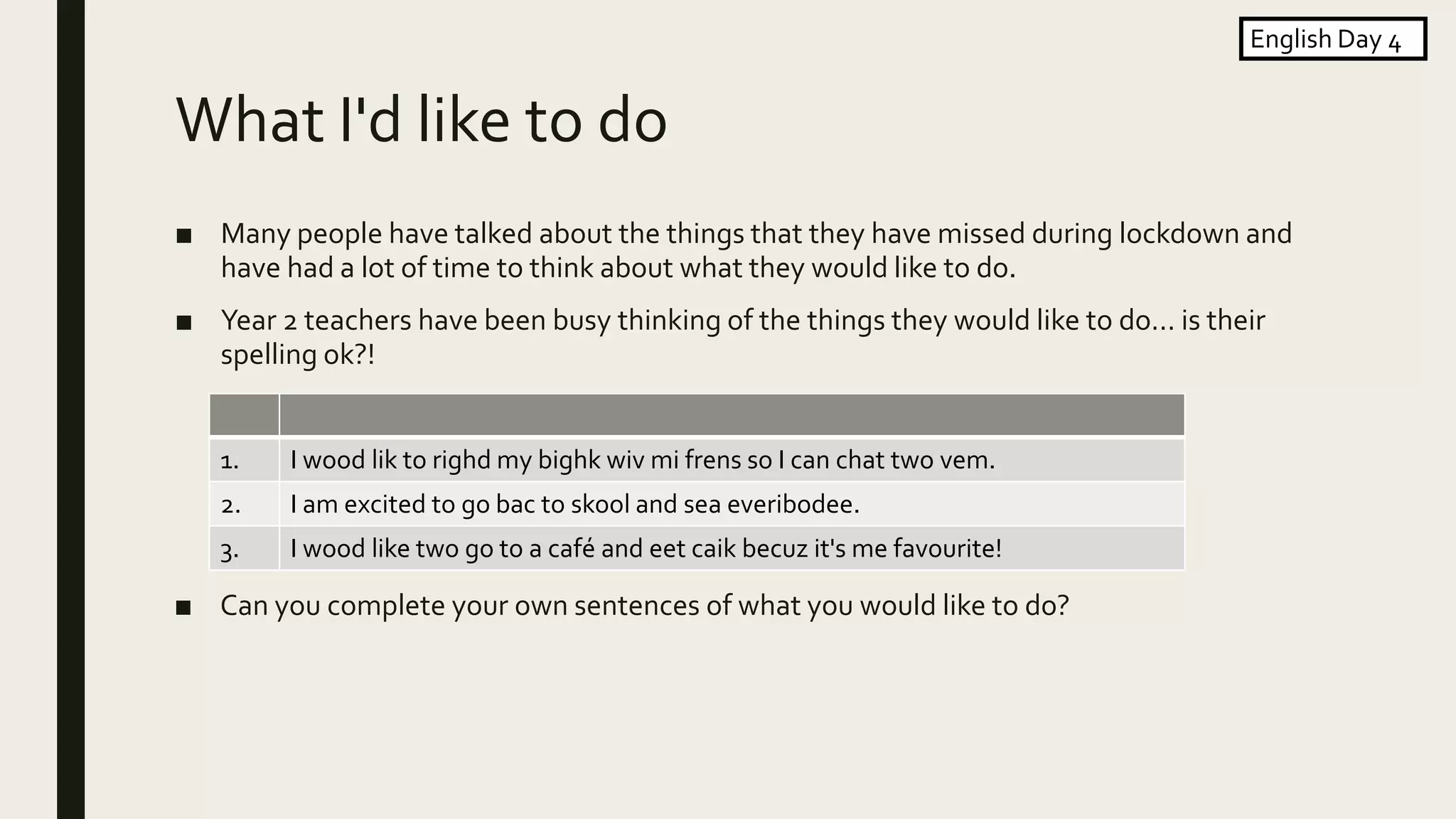 What I'd like to do
■ Many people have talked about the things that they have missed during lockdown and
have had a lot of time to think about what they would like to do.
■ Year 2 teachers have been busy thinking of the things they would like to do... is their
spelling ok?!
English Day 4
1. I wood lik to righd my bighk wiv mi frens so I can chat two vem.
2. I am excited to go bac to skool and sea everibodee.
3. I wood like two go to a café and eet caik becuz it's me favourite!
■ Can you complete your own sentences of what you would like to do?
 