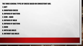 THE THREE GENERAL TYPES OF CHEESE BASED ON CONSISTENCY ARE:
1. SOFT
A. UNRIPENED CHEESE
B. RIPENED BY BACTERIA
2. SEMI – HARD
A. RIPENED BY MOLD
B. RIPENED BY BACTERIA
3. HARD
A. WITH GAS HOLES
B. WITHOUT GAS HOLES
 