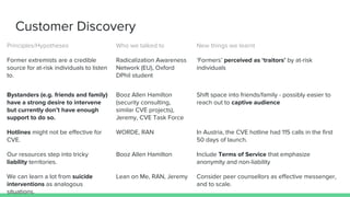 Customer Discovery
Principles/Hypotheses Who we talked to New things we learnt
Former extremists are a credible
source for at-risk individuals to listen
to.
Radicalization Awareness
Network (EU), Oxford
DPhil student
‘Formers’ perceived as ‘traitors’ by at-risk
individuals
Bystanders (e.g. friends and family)
have a strong desire to intervene
but currently don’t have enough
support to do so.
Booz Allen Hamilton
(security consulting,
similar CVE projects),
Jeremy, CVE Task Force
Shift space into friends/family - possibly easier to
reach out to captive audience
Hotlines might not be effective for
CVE.
WORDE, RAN In Austria, the CVE hotline had 115 calls in the first
50 days of launch.
Our resources step into tricky
liability territories.
Booz Allen Hamilton Include Terms of Service that emphasize
anonymity and non-liability
We can learn a lot from suicide
interventions as analogous
situations.
Lean on Me, RAN, Jeremy Consider peer counsellors as effective messenger,
and to scale.
 