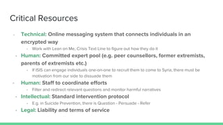 Critical Resources
- Technical: Online messaging system that connects individuals in an
encrypted way
- Work with Lean on Me, Crisis Text Line to figure out how they do it
- Human: Committed expert pool (e.g. peer counsellors, former extremists,
parents of extremists etc.)
- If ISIS can engage individuals one-on-one to recruit them to come to Syria, there must be
motivation from our side to dissuade them
- Human: Staff to coordinate efforts
- Filter and redirect relevant questions and monitor harmful narratives
- Intellectual: Standard intervention protocol
- E.g. in Suicide Prevention, there is Question - Persuade - Refer
- Legal: Liability and terms of service
 