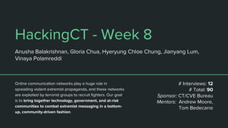 HackingCT - Week 8
Anusha Balakrishnan, Gloria Chua, Hyeryung Chloe Chung, Jianyang Lum,
Vinaya Polamreddi
Online communication networks play a huge role in
spreading violent extremist propaganda, and these networks
are exploited by terrorist groups to recruit fighters. Our goal
is to bring together technology, government, and at-risk
communities to combat extremist messaging in a bottom-
up, community-driven fashion.
# Interviews: 12
# Total: 90
Sponsor: CT/CVE Bureau
Mentors: Andrew Moore,
Tom Bedecarre
 