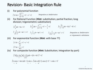 Revision- Basic Integration Rule
(i) For polynomial function
(ii) For Rational Function (Hint: substitution; partial fraction; long
division; trigonometric substitution)
(iii) For exponential function (Hint: with base ??)
(iv) For composite function (Hint: Substitution; Integration by part)
7
1
( ) = ln +
dx x C
x
= + = +
ln
x
x x
e
e dx C e C
e
Integration as Antiderivative
(2+1)
2 3
3
3 = + = +
(2+1)
x
x dx C x C
(-2+1)
2
1 1
( ) = + = - +
(-2+1)
x
dx C C
x x
2
2
2
( ) = ln +4 +
+4
x
dx x C
x
5
5 = +
ln5
x
x
dx C
2 2 2
t /
2(5 +6 )(5+12 ) = (5 +6 ) +
dt dx
x x x dx x x C
( cos +sin ) =[ sin - sin ]+[-cos ]+ = sin +
u dv u v v du
x x x dx x x xdx x C x x C
-1
2
1
= sin +
1-
dx x C
x
-1
2
1
= tan +
+1
dx x C
x
-1
2
1
= sec +
( -1)
dx x C
x x
Integration as Antiderivative
or trigonometric substitution
© 2019 Dr Khoo Shin Yee
 