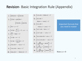 Revision- Basic Integration Rule (Appendix)
9
𝑁𝑜𝑡𝑒: 𝑎 > 0
Important formula that
you need to master
 