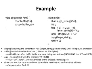 Example
void copy(char *str) {
char buffer[16];
strcpy(buffer,str);
}

int main() {
char large_string[256];
int i;
for( i = 0; i < 255; i++)
large_string[i] = 'A';
large_string[255] = '0';
copy(large_string);
return 0;
}

• strcpy() is copying the contents of *str (larger_string[]) into buffer[] until string NULL character
• buffer[] is much smaller than *str. (16 bytes vs. 256 bytes)
All 240 bytes after buffer in the stack are being overwritten (INCLUDING the SFP and RET)
• large_string is filled with the character 'A‘ (0x41)
RET = 0x41414141 which is outside of the process address space
• When the function returns and tries to read the next instruction from that address
=> Segmentation Fault!!!

 