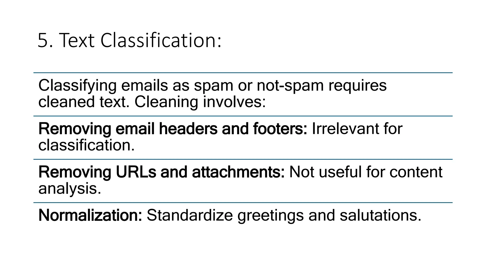 5. Text Classification:
Classifying emails as spam or not-spam requires
cleaned text. Cleaning involves:
Removing email headers and footers: Irrelevant for
classification.
Removing URLs and attachments: Not useful for content
analysis.
Normalization: Standardize greetings and salutations.
 