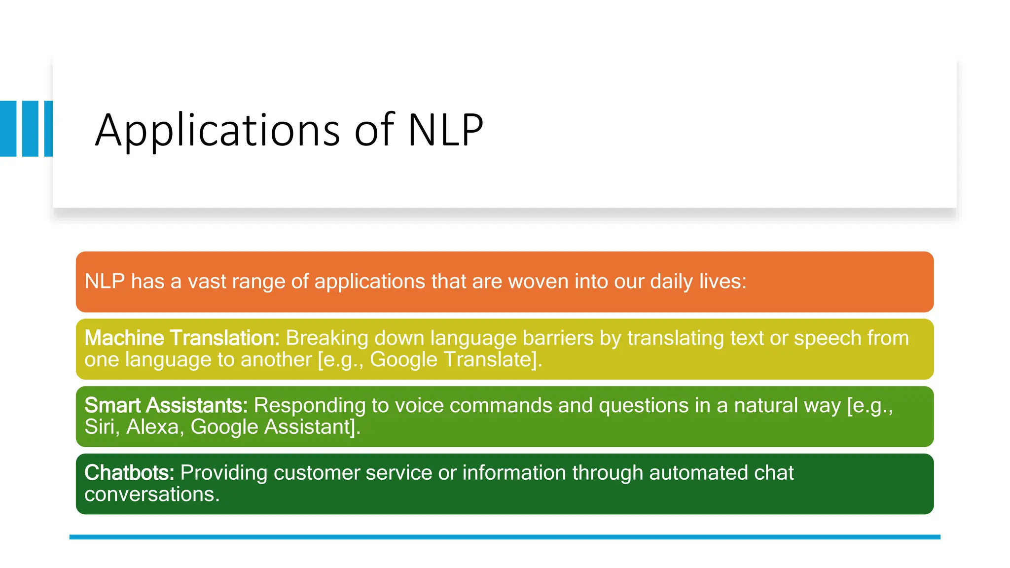 Applications of NLP
NLP has a vast range of applications that are woven into our daily lives:
Machine Translation: Breaking down language barriers by translating text or speech from
one language to another [e.g., Google Translate].
Smart Assistants: Responding to voice commands and questions in a natural way [e.g.,
Siri, Alexa, Google Assistant].
Chatbots: Providing customer service or information through automated chat
conversations.
 