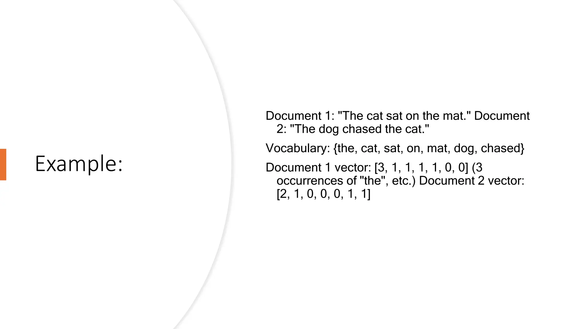 Example:
Document 1: "The cat sat on the mat." Document
2: "The dog chased the cat."
Vocabulary: {the, cat, sat, on, mat, dog, chased}
Document 1 vector: [3, 1, 1, 1, 1, 0, 0] (3
occurrences of "the", etc.) Document 2 vector:
[2, 1, 0, 0, 0, 1, 1]
 